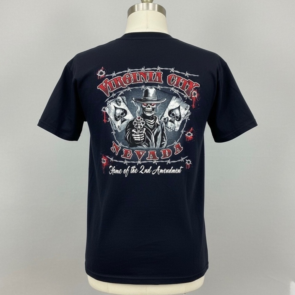 Virginia City Nevada Home of 2nd Amendment Skeleton Cowboy Shirt XL‎ Black Biker